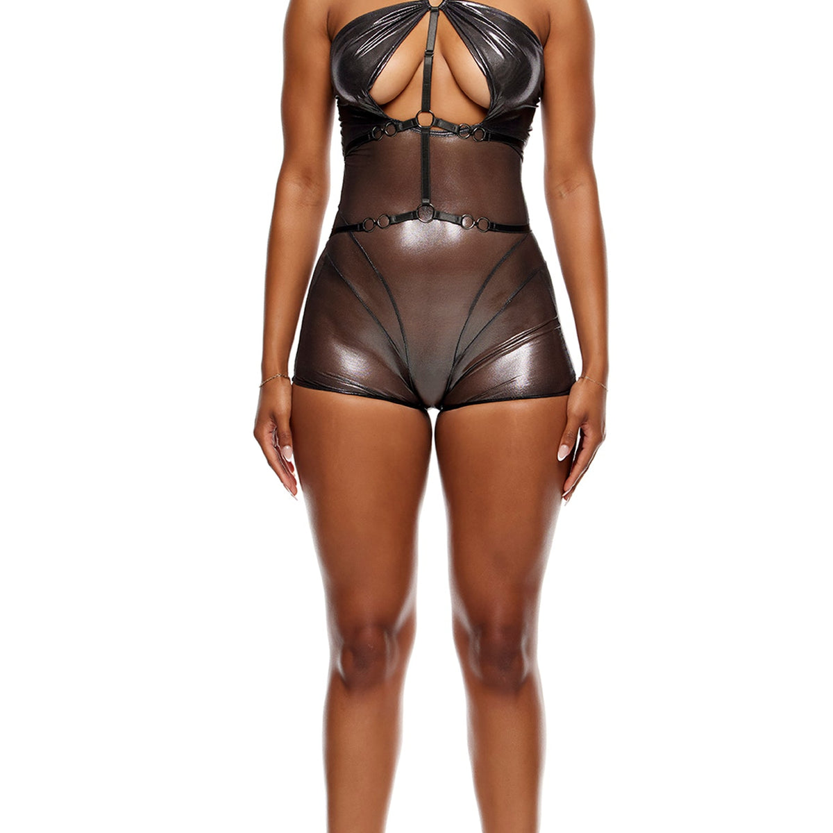 Liquid metal metallic mesh romper 774734