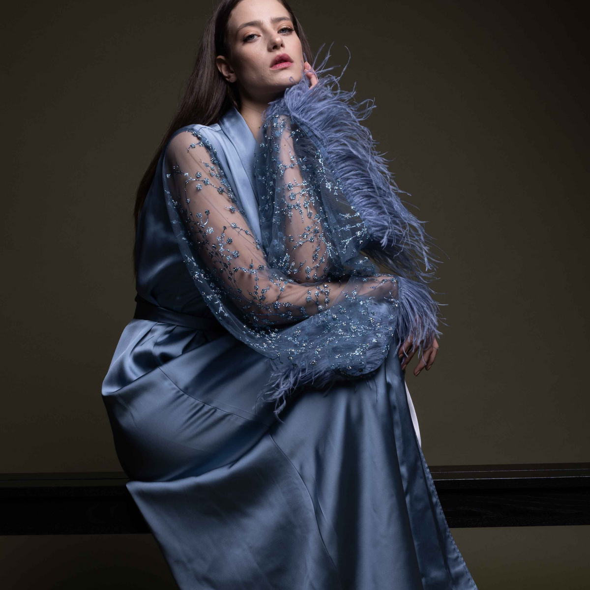 LONG SILK BRIDAL BLUE ROBE (TWIHLIGHT)